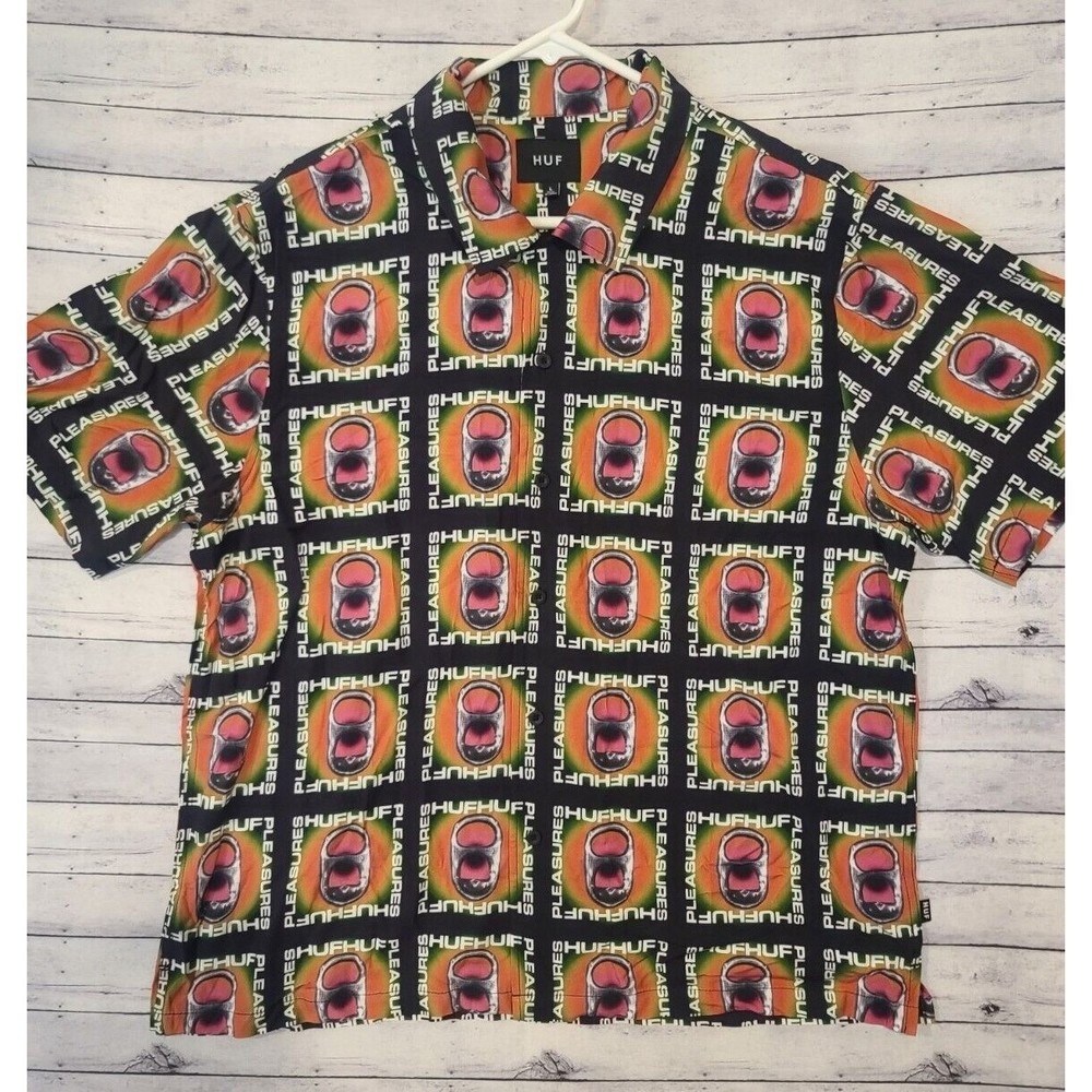 HUF x Pleasures Mens Pop Top Psychedelic SS Button Down Lifestyle Shirt Sz L GUC